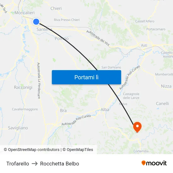 Trofarello to Rocchetta Belbo map