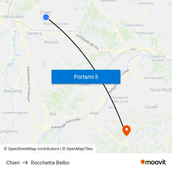 Chieri to Rocchetta Belbo map