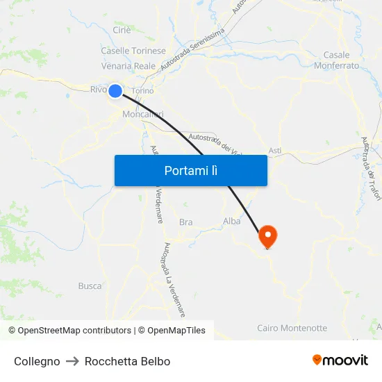 Collegno to Rocchetta Belbo map