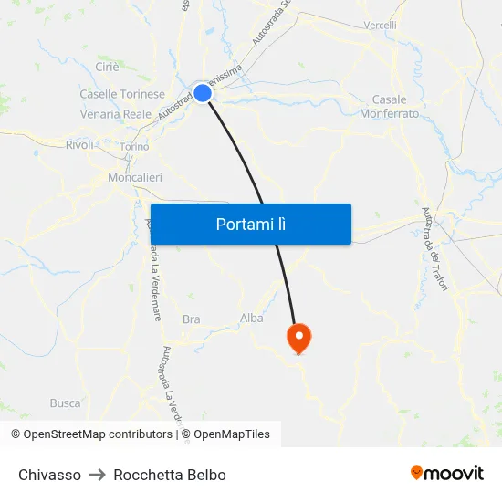 Chivasso to Rocchetta Belbo map