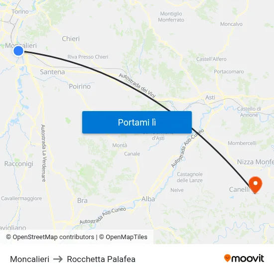 Moncalieri to Rocchetta Palafea map
