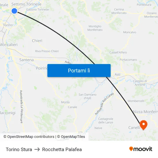 Torino Stura to Rocchetta Palafea map