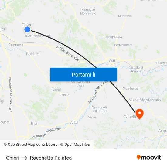 Chieri to Rocchetta Palafea map