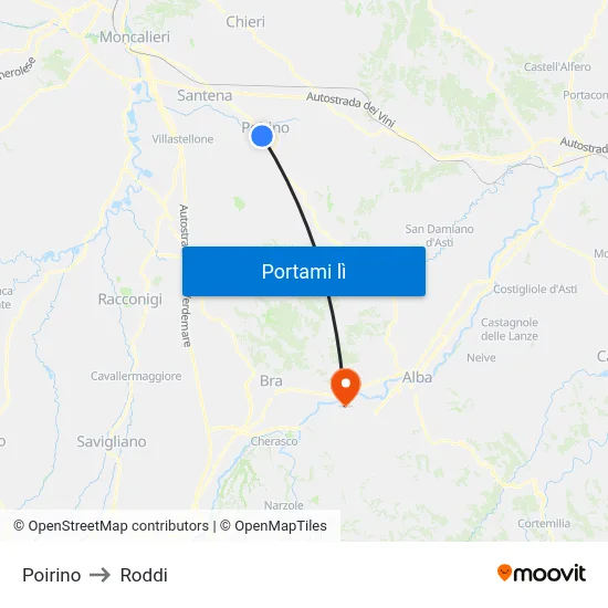 Poirino to Roddi map