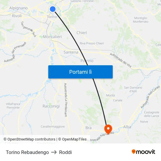 Torino Rebaudengo to Roddi map
