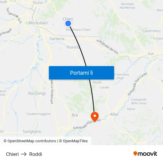 Chieri to Roddi map