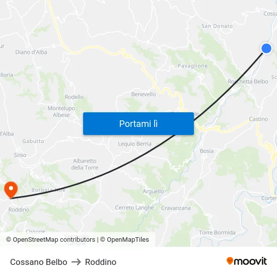 Cossano Belbo to Roddino map