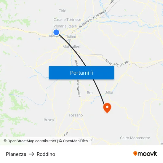 Pianezza to Roddino map