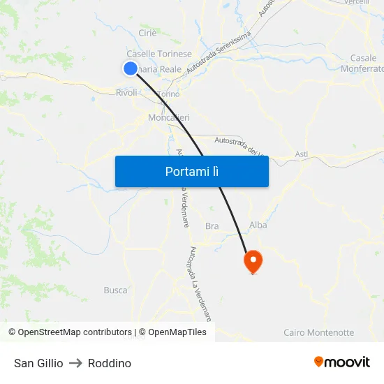 San Gillio to Roddino map