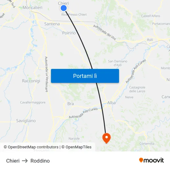 Chieri to Roddino map
