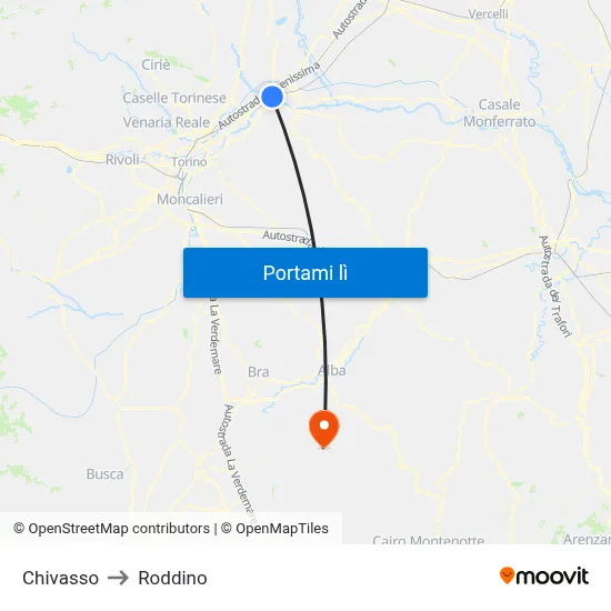 Chivasso to Roddino map
