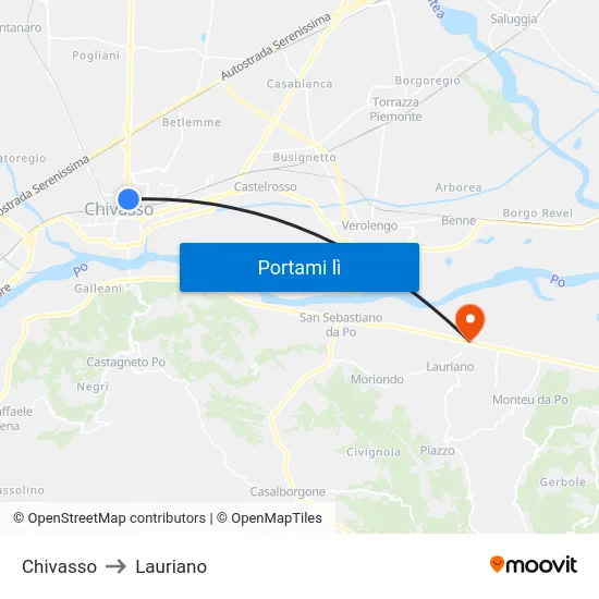 Chivasso to Lauriano map