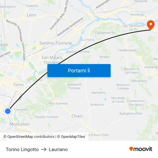 Torino Lingotto to Lauriano map