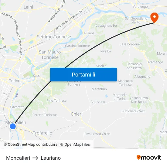 Moncalieri to Lauriano map