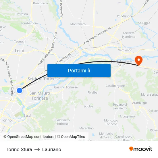 Torino Stura to Lauriano map