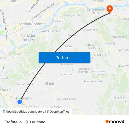 Trofarello to Lauriano map
