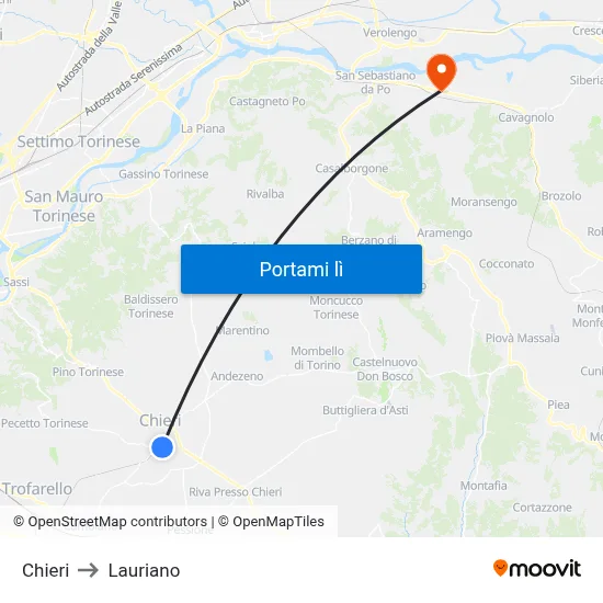 Chieri to Lauriano map