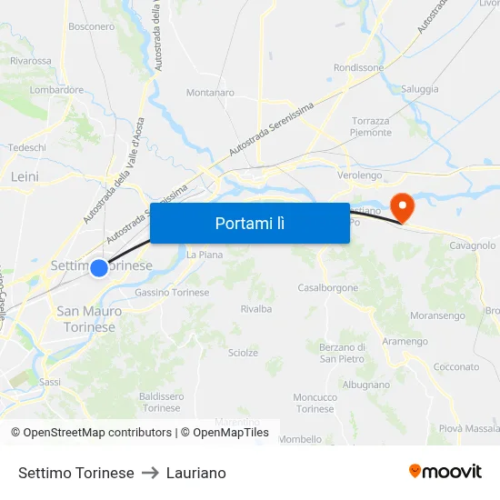 Settimo Torinese to Lauriano map