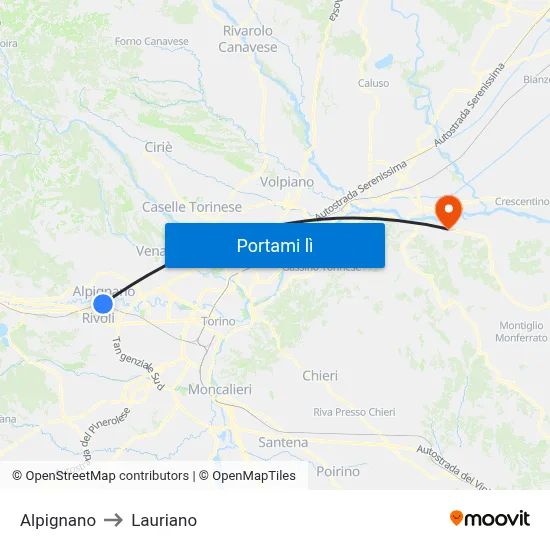 Alpignano to Lauriano map