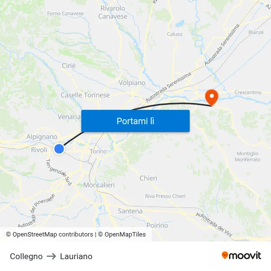 Collegno to Lauriano map