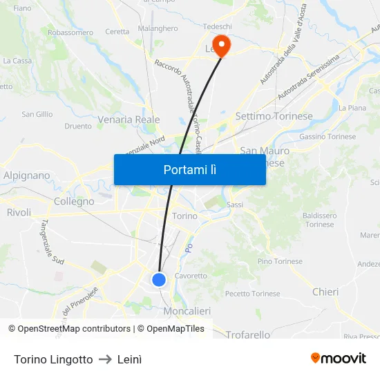 Torino Lingotto to Leinì map