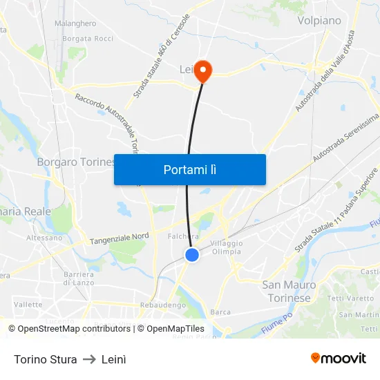 Torino Stura to Leinì map