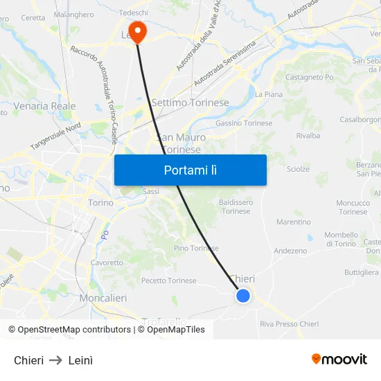 Chieri to Leinì map