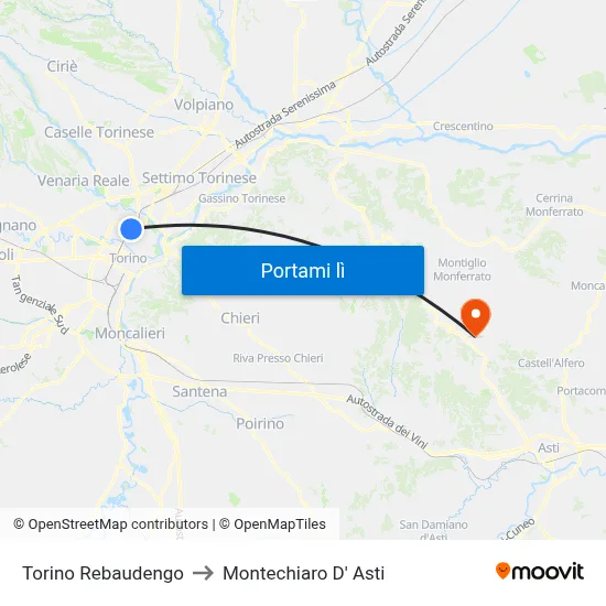 Torino Rebaudengo to Montechiaro D' Asti map