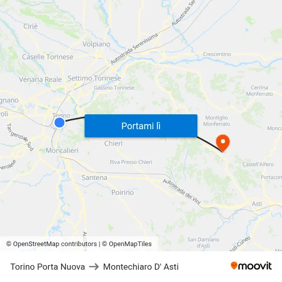 Torino Porta Nuova to Montechiaro D' Asti map