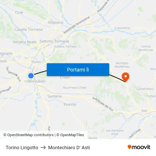 Torino Lingotto to Montechiaro D' Asti map