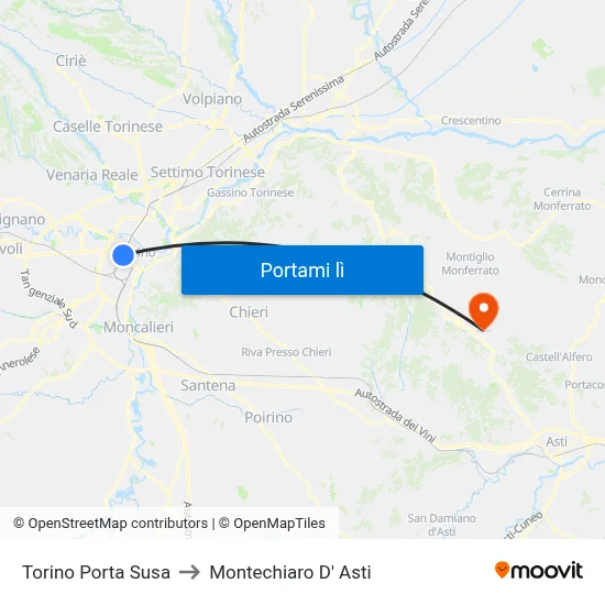 Torino Porta Susa to Montechiaro D' Asti map