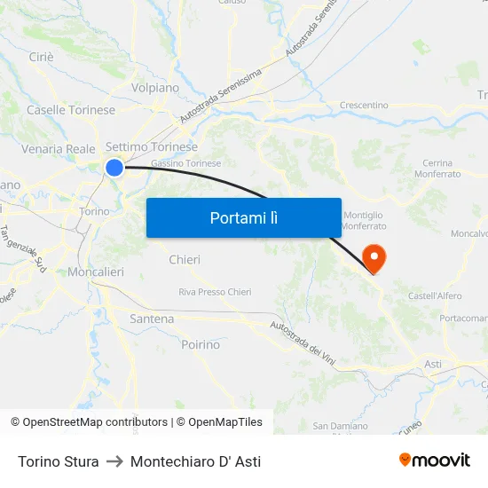 Torino Stura to Montechiaro D' Asti map