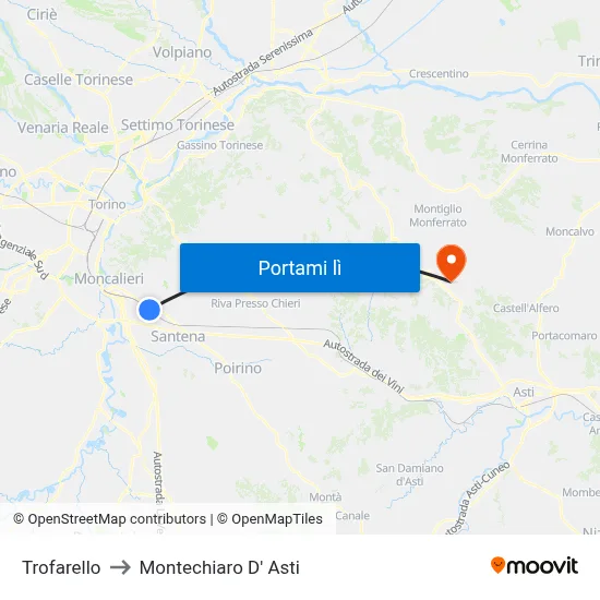Trofarello to Montechiaro D' Asti map