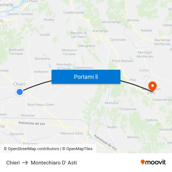 Chieri to Montechiaro D' Asti map