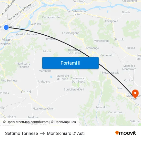 Settimo Torinese to Montechiaro D' Asti map