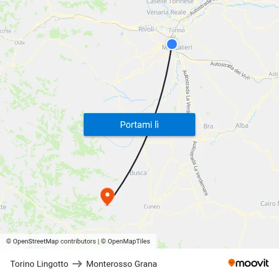 Torino Lingotto to Monterosso Grana map