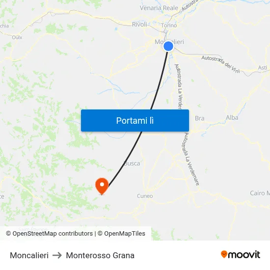 Moncalieri to Monterosso Grana map