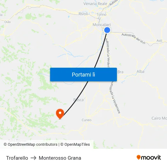 Trofarello to Monterosso Grana map