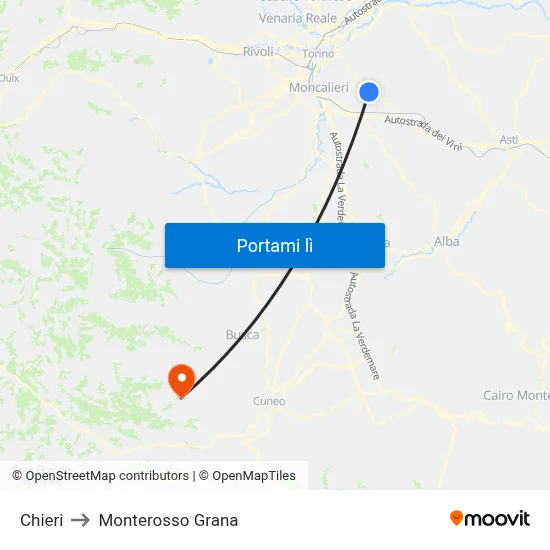 Chieri to Monterosso Grana map