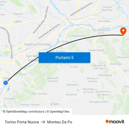 Torino Porta Nuova to Monteu Da Po map