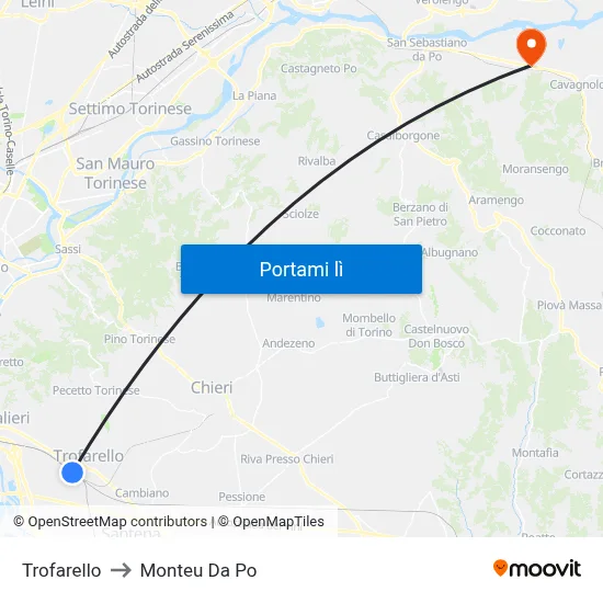 Trofarello to Monteu Da Po map