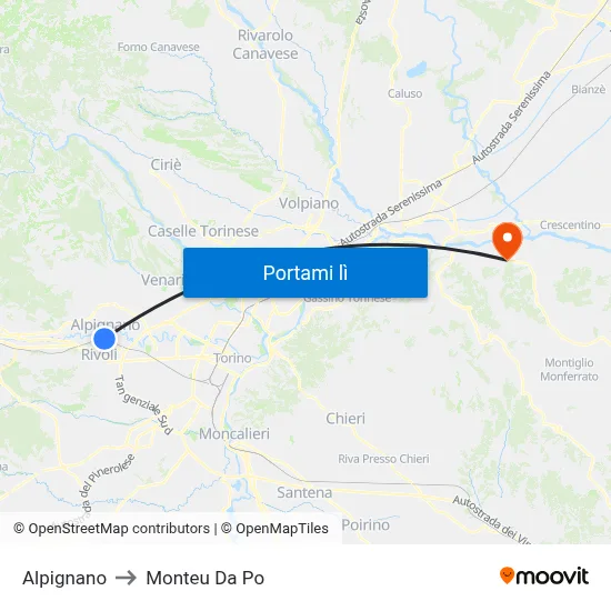 Alpignano to Monteu Da Po map