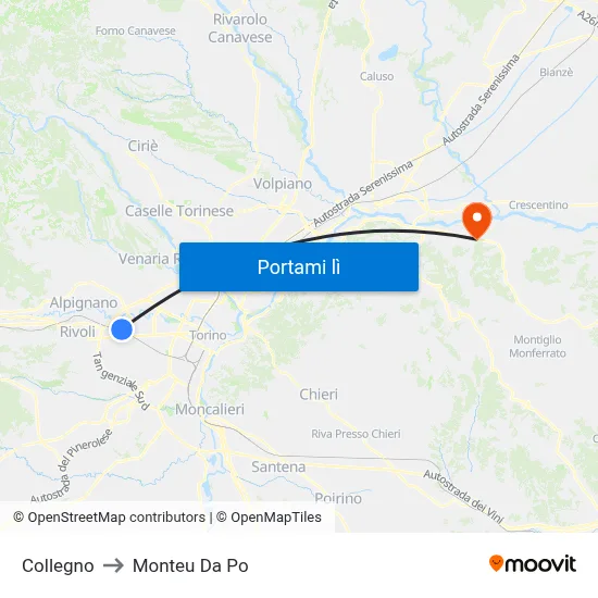 Collegno to Monteu Da Po map