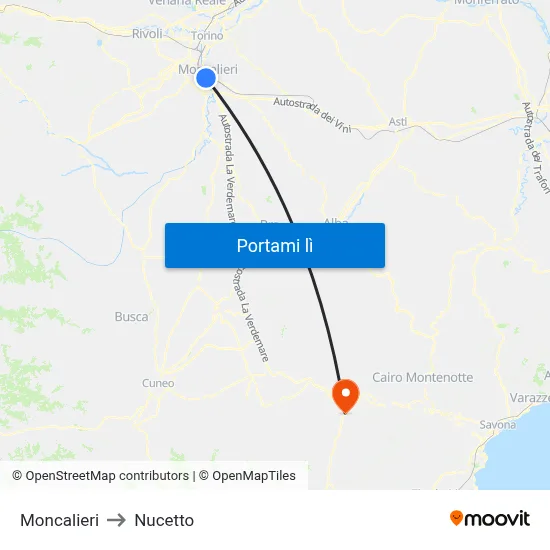 Moncalieri to Nucetto map