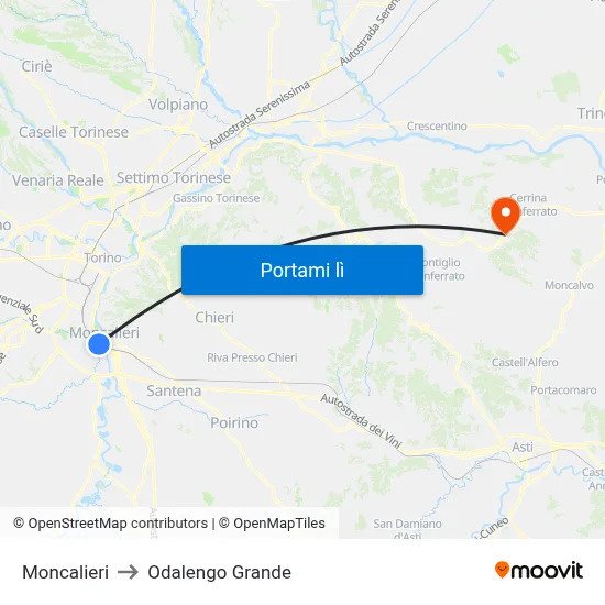 Moncalieri to Odalengo Grande map