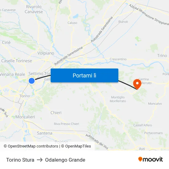 Torino Stura to Odalengo Grande map