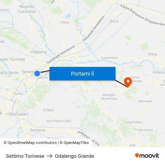 Settimo Torinese to Odalengo Grande map