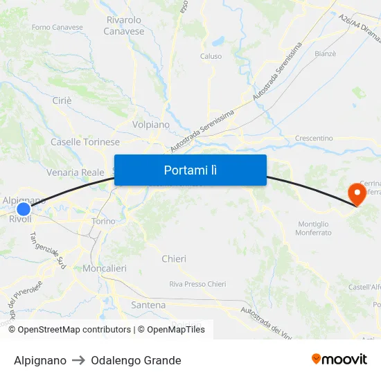 Alpignano to Odalengo Grande map
