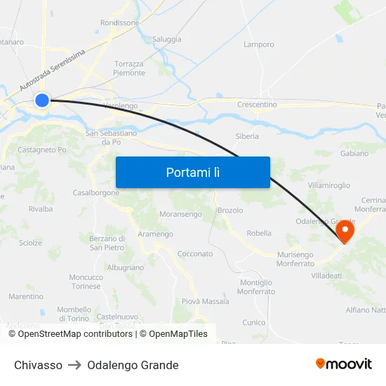 Chivasso to Odalengo Grande map