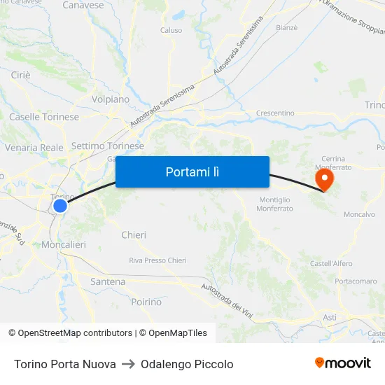 Torino Porta Nuova to Odalengo Piccolo map